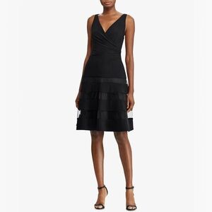 Lauren Ralph Lauren Black V-Neck Sleeveless Tiered Tulle Romantic Dress